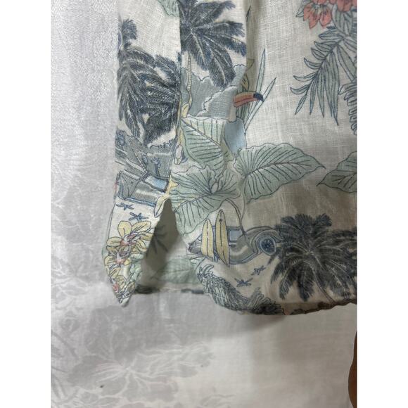 Tahari Blouse 2X 100% Linen Tan Tropical Print Toucan Car Surf Boxy Tunic - Picture 2 of 7